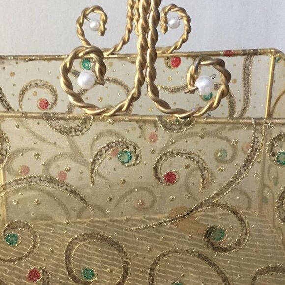 Gold rectangular Christmas basket gift Xmas scrolls classic decor - Picture 2 of 4